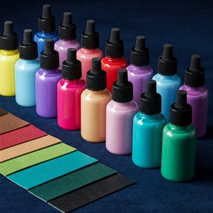 Op de afbeelding: Een assortiment kleurrijke verfpotten met zwarte doppen, gerangschikt in rijen. Een kleurenpalet van leren stalen staat op de voorgrond. De flessen zijn in verschillende kleuren, waaronder geel, blauw, paars, roze en groen.
