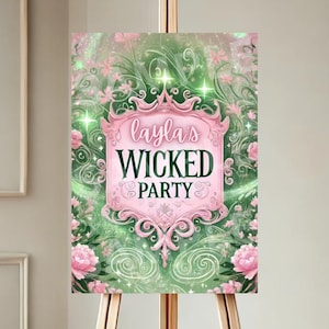 Może przedstawiać: Różowo-zielony znak imprezowy z tekstem "layla's WICKED PARTY" w ozdobnym kroju pisma.
