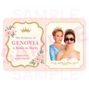 以下が含まれることがあります： 「The Princess of GENOVIA is Ready to Marry」と「Choose Her Perfect Match」のテキストが入った、ピンクとゴールドの長方形のカード。カードには、ティアラをつけた女性2人の写真が掲載されています。カードには花のアクセントが施されています。