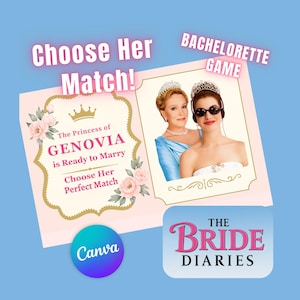 以下が含まれることがあります： 「Choose Her Match!」と「Bachelorette Game」の文字が入ったピンクと白の独身パーティーゲームカード。2人の女性の写真と「The Princess of Genovia is Ready to Marry」の文字が特徴です。