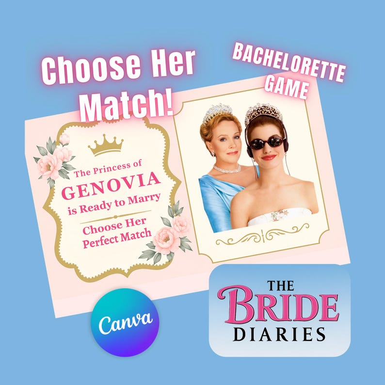 以下が含まれることがあります： 「Choose Her Match!」と「Bachelorette Game」の文字が入ったピンクと白の独身パーティーゲームカード。2人の女性の写真と「The Princess of Genovia is Ready to Marry」の文字が特徴です。