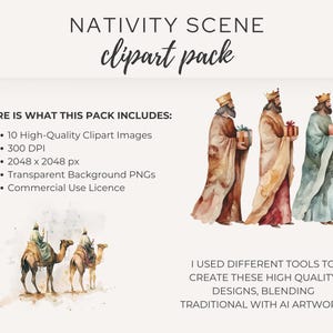 Overview of the Religious Christmas Clipart Pack featuring watercolor illustrations of the Three Wise Men, nativity scene, and Christian symbols. Perfect for creating Christmas nativity scenes and Christian-themed digital downloads.