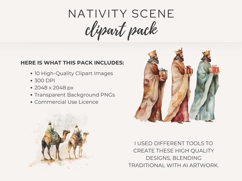 Overview of the Religious Christmas Clipart Pack featuring watercolor illustrations of the Three Wise Men, nativity scene, and Christian symbols. Perfect for creating Christmas nativity scenes and Christian-themed digital downloads.