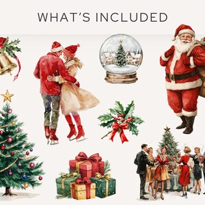 What's included in the Vintage Christmas Clipart Pack: retro Santa, holiday bells, festive gifts, and a snow globe scene. Features 24 high-quality PNG images for creating nostalgic Christmas crafts and vintage holiday cards.