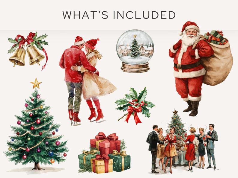What's included in the Vintage Christmas Clipart Pack: retro Santa, holiday bells, festive gifts, and a snow globe scene. Features 24 high-quality PNG images for creating nostalgic Christmas crafts and vintage holiday cards.