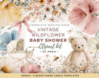 Vintage Wildflower Baby Shower Clipart Kit, 63 Watercolor PNGs + Canva Templates