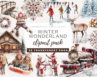 Watercolor Winter Wonderland Clipart, Christmas Scenes (28 PNGs)