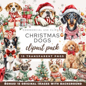 Whimsical Christmas Dog Clipart, Quirky Christmas Dog Clipart Bundle, Festive Dog Illustrations, Cute Dog Designs, Watercolor Christmas Dogs