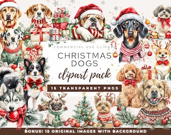 Watercolor Christmas Dog Clipart Bundle, Festive PNG Images (Digital Download)
