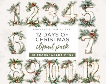 12 Days of Christmas Watercolor Clipart Numbers, High-Quality PNG Christmas Digital Download, Holiday Clipart with Commercial Use