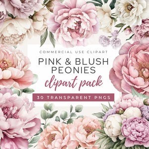 Pink & Blush Pfingstrose Clipart-Pack, Aquarell Florale Elemente, Hochzeitseinladung Romantische Pfingstrosen Clipart, Blumenstrauß, kommerzielle Nutzung PNG