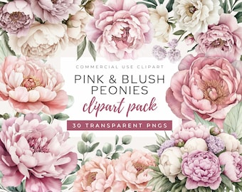 Pink & Blush Peony Clipart Pack, Watercolor Floral Elements, Wedding Invitation Romantic Peonies Clipart, Floral Bouquet, Commercial Use PNG
