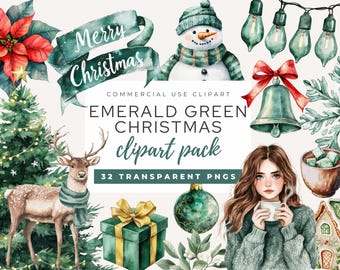 Emerald Green Christmas Clipart Pack, Watercolor Winter PNG (Commercial Use)