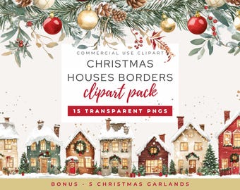 Christmas House Clipart Border, Cozy Winter Borders, Christmas Village Clipart Bundle, Festive House Borders, Watercolor Christmas Borders