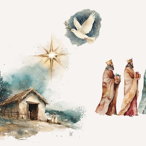 Watercolor illustration of a stable, the star of Bethlehem, and Three Wise Men clipart. Perfect for nativity scene PNG designs and religious Christmas crafts.