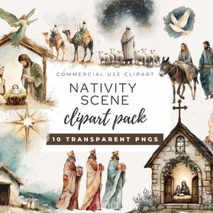 Krippe Clipart-Pack, religiöse Weihnachten Aquarell Clipart, einzigartiges Weihnachtsdesign, religiöse Clipart, Weihnachtskrippe PNG