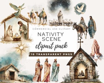 Nativity Scene Clipart Pack, Religious Christmas Watercolor Clipart, Unique Christmas Design, Religious Clipart, Christmas Nativity PNG