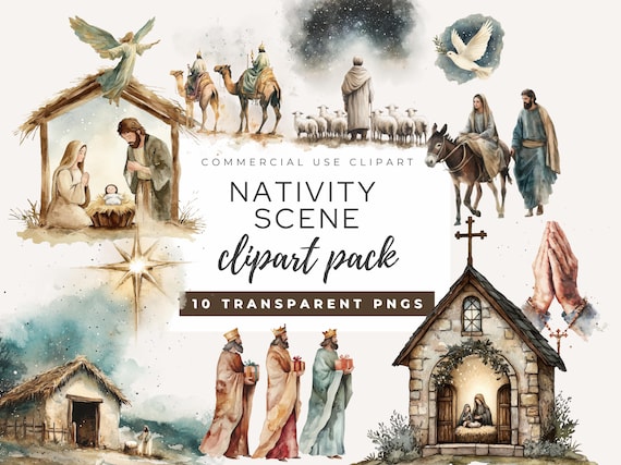 Nativity Scene Clipart Pack, Religious Christmas Watercolor Clipart, Unique Christmas Design, Religious Clipart, Christmas Nativity PNG