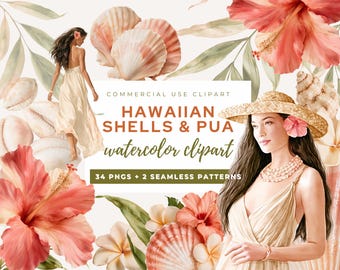 Hawaiian Shell Clipart – Watercolor Seashells, Hibiscus & Tropical Flowers PNG Collection