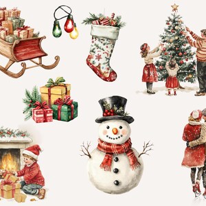 Vintage Christmas clipart featuring a sleigh filled with presents, holiday stockings, a snowman, and tree decorating scenes. Includes nostalgic family moments and festive decor, ideal for digital downloads and Christmas crafts