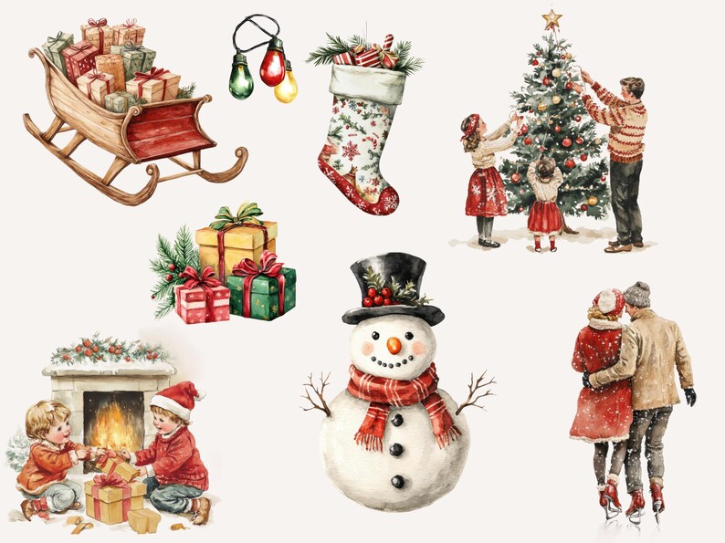 Vintage Christmas clipart featuring a sleigh filled with presents, holiday stockings, a snowman, and tree decorating scenes. Includes nostalgic family moments and festive decor, ideal for digital downloads and Christmas crafts