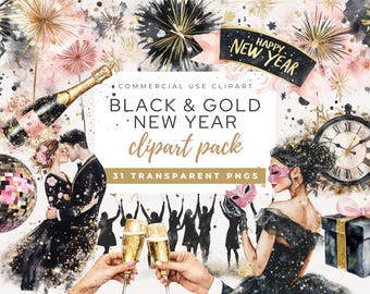 Happy New Year Clipart Black and Gold 2025, Black Pink Gold Festive PNG, Pink New Year's Eve ClipArt, Party Girls Clipart, Champagne PNG