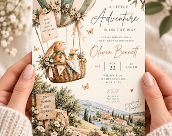 Adventure Baby Shower Invitation, Hot Air Balloon Baby Shower Invite, Bunny Woodland Editable Canva Template, Printable Instant Download