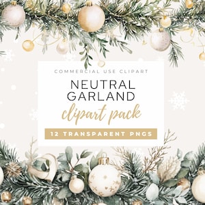 Neutral Garland Clipart, Watercolor Christmas Garland Clipart, Whimsical Holiday PNG, Watercolor Winter Holiday, Holiday Crafts Clipart