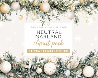 Neutral Garland Clipart, Watercolor Christmas Garland Clipart, Whimsical Holiday PNG, Watercolor Winter Holiday, Holiday Crafts Clipart
