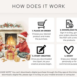 How it works: Vintage Christmas Clipart purchase and download instructions. Illustrated with a cozy scene of children opening gifts by a fireplace. Perfect for holiday crafts, DIY cards, and festive digital designs.