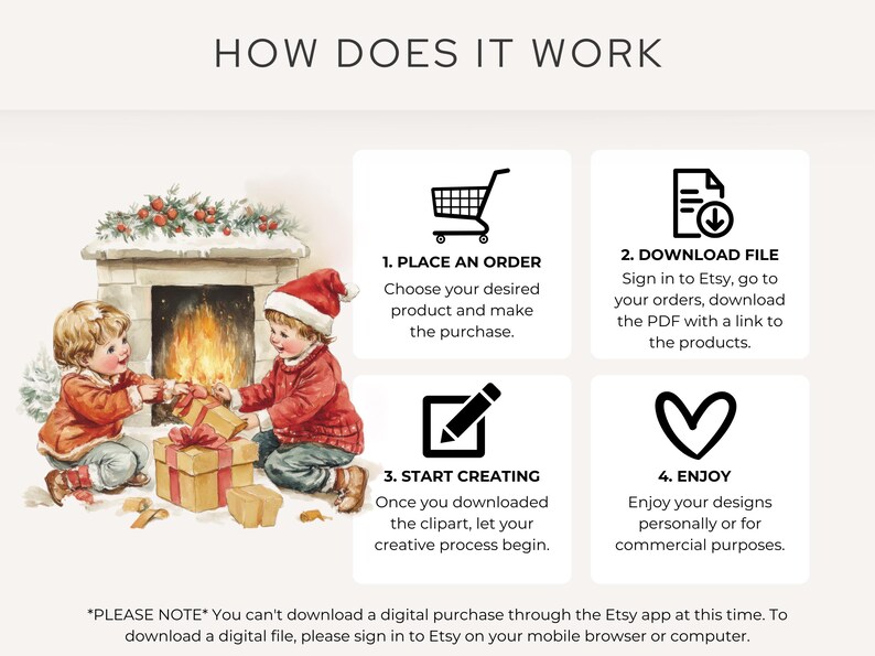 How it works: Vintage Christmas Clipart purchase and download instructions. Illustrated with a cozy scene of children opening gifts by a fireplace. Perfect for holiday crafts, DIY cards, and festive digital designs.