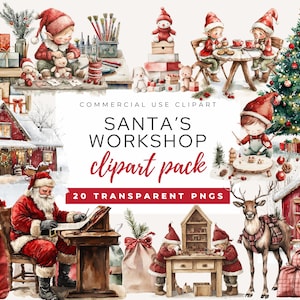 Puede incluir: Un paquete de clipart digital con ilustraciones del taller de Santa Claus, que incluye una casa roja y blanca, un árbol de Navidad, duendes, renos y Santa Claus. El texto "Santa's Workshop clipart pack 20 transparent PNGs" se muestra sobre un fondo blanco.