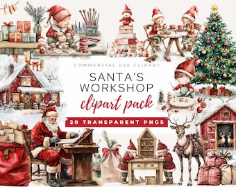 Santa's Workshop Clipart, Watercolor Christmas Clipart Bundle, Christmas Elf PNG, Festive Craft Supplies, Whimsical Elves, Commercial Use