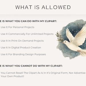 Overview of allowed uses for the Religious Christmas Clipart Pack, featuring a watercolor dove with an olive branch. Perfect for Christian digital projects and nativity scene designs
