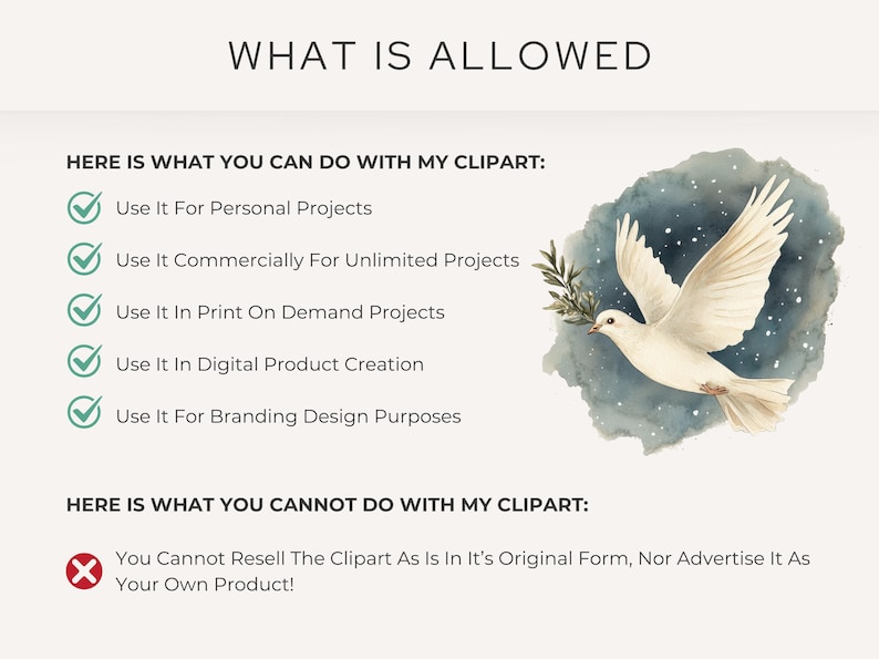 Overview of allowed uses for the Religious Christmas Clipart Pack, featuring a watercolor dove with an olive branch. Perfect for Christian digital projects and nativity scene designs