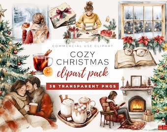 Cozy Christmas Clipart Pack, Watercolor Winter Graphics (38 PNGs)