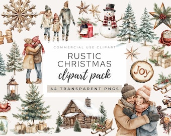 Watercolor Rustic Christmas Clipart – Cozy Holiday PNG Graphics (Commercial Use)