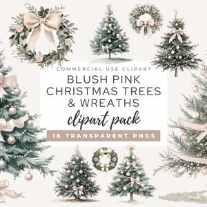 Blush Pink Christmas Tree And Wreath Clipart, Cute Watercolor PNG, Festive Digital Art, Commercial Use Clipart, Watercolor Christmas