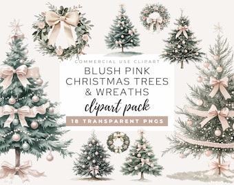 Blush Pink Christmas Clipart, Watercolor Trees, Wreaths (PNG)