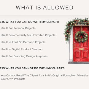 Usage guidelines for Vintage Christmas Clipart Pack featuring a festive red door decorated with a holiday wreath. Includes details on personal and commercial use for creating retro-themed crafts and holiday cards