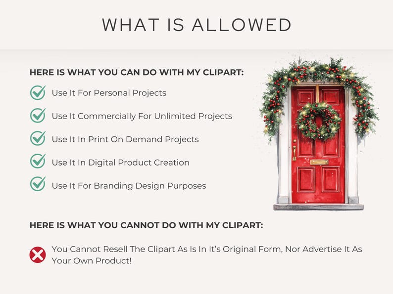 Usage guidelines for Vintage Christmas Clipart Pack featuring a festive red door decorated with a holiday wreath. Includes details on personal and commercial use for creating retro-themed crafts and holiday cards
