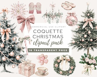Watercolor Coquette Christmas Clipart, Pink Bow PNG (Digital Download)
