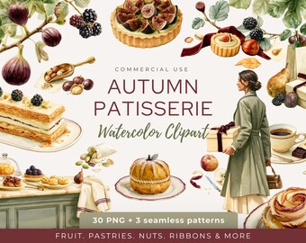 Watercolor Autumn Patisserie Clipart Bundle: Fall Bakery & Pastry PNGs