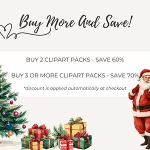 Promotional image for Vintage Christmas Clipart Pack with discounts for multiple purchases. Features a decorated Christmas tree, retro Santa with gifts, and colorful vintage presents. Ideal for digital downloads and festive crafts