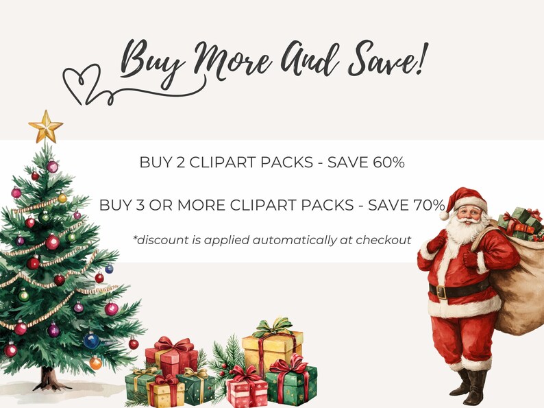 Promotional image for Vintage Christmas Clipart Pack with discounts for multiple purchases. Features a decorated Christmas tree, retro Santa with gifts, and colorful vintage presents. Ideal for digital downloads and festive crafts
