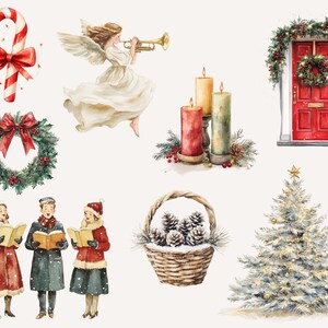 Vintage Christmas watercolor clipart showcasing candy canes, angel figures, wreaths, and a red festive door. Includes carolers, candle arrangements, and a snowy Christmas tree, perfect for retro holiday designs and DIY cards.