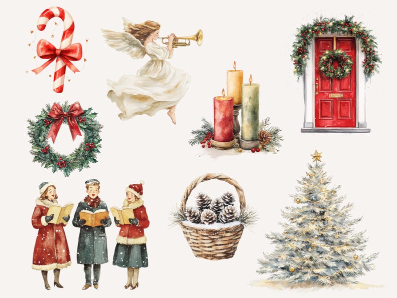 Vintage Christmas watercolor clipart showcasing candy canes, angel figures, wreaths, and a red festive door. Includes carolers, candle arrangements, and a snowy Christmas tree, perfect for retro holiday designs and DIY cards.