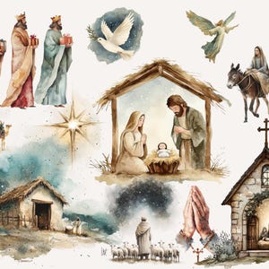Watercolor nativity clipart showcasing the Three Wise Men, baby Jesus in a manger, Mary and Joseph, a dove with an olive branch, and a starry night. Ideal for Christian Christmas crafts and religious digital designs