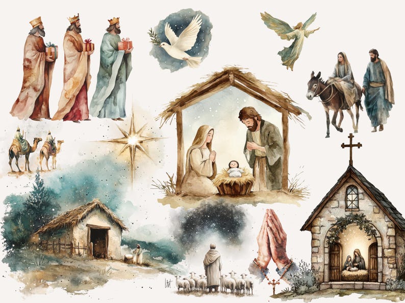 Watercolor nativity clipart showcasing the Three Wise Men, baby Jesus in a manger, Mary and Joseph, a dove with an olive branch, and a starry night. Ideal for Christian Christmas crafts and religious digital designs