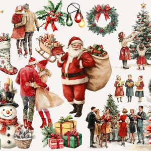 Vintage Christmas watercolor clipart featuring retro Santa, holiday wreaths, carolers, and Christmas tree decorating scenes. Includes festive elements like stockings, snowmen, gifts, and family celebrations.